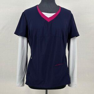 Scrub Couture Women's Scrub Top M Navy Pink V-Neck Long Sleeve‎ Pockets Stretch
